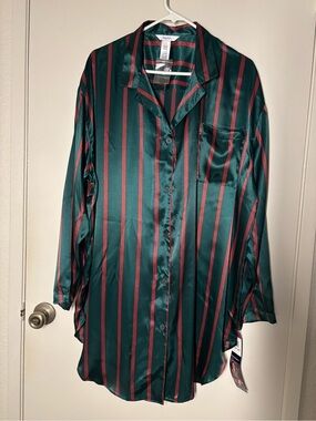 Vanity Fair Satin Stripe Sleep Shirt - Green & Red Large Grande NWT